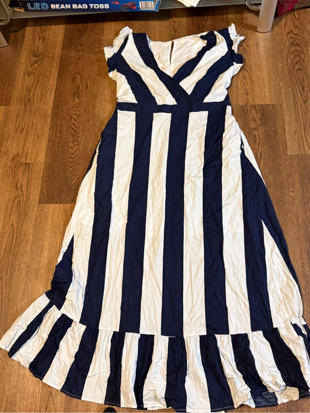 New York & Company Navy and White Striped Ruffle-Hem Maxi Dress